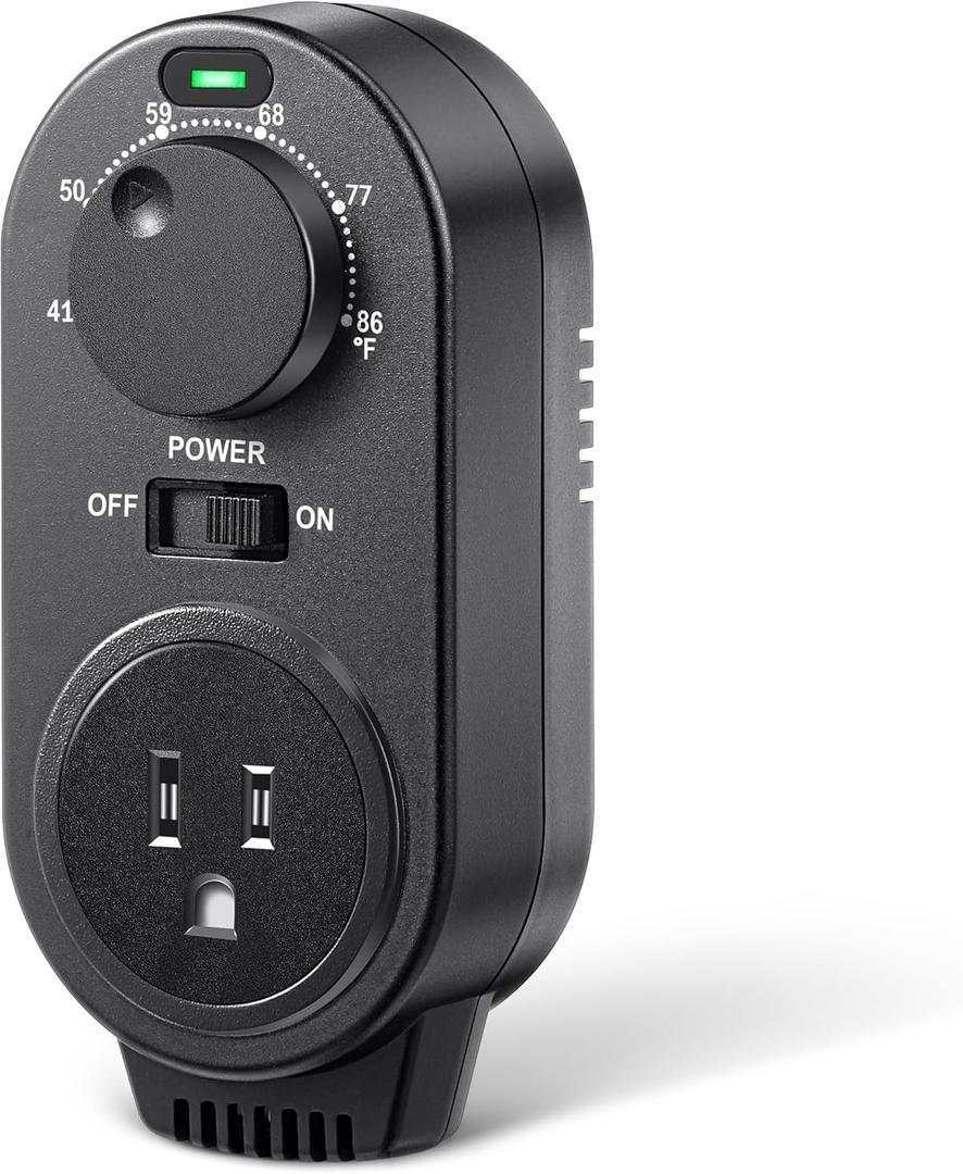 Adjustable Thermostat, Plug in Heating and Cooling Thermostat Controlled Outlet, Compatible with Portable AC, Fans and Space Heaters (1 Pack,Black)