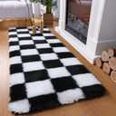 KICMOR Fluffy Soft Runner Rug for Bedroom Living Room, 2x6 Black and White Checkered Rugs Fuzzy Plush Shaggy Bedside Carpet, Non Slip Long Rug for Kids Girls Boys Room Nursery Home Decor Aesthetic