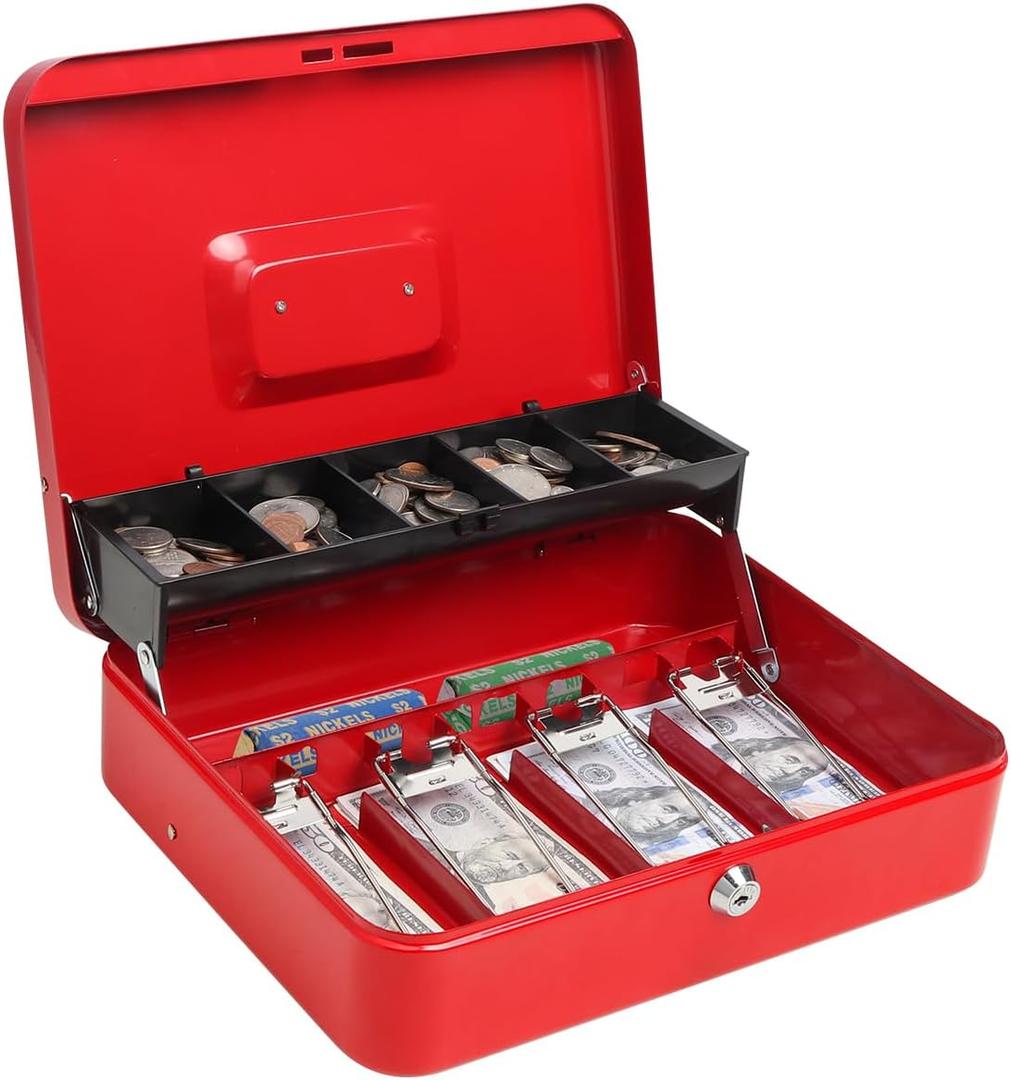 Cash Box with Money Tray and Key Lock, Parrency Large Money Box, 5 Compartments for Cions & 4 Spring-Loaded Clips for Bills, 11 4/5" x 9 2/5" x 3 1/2", Red