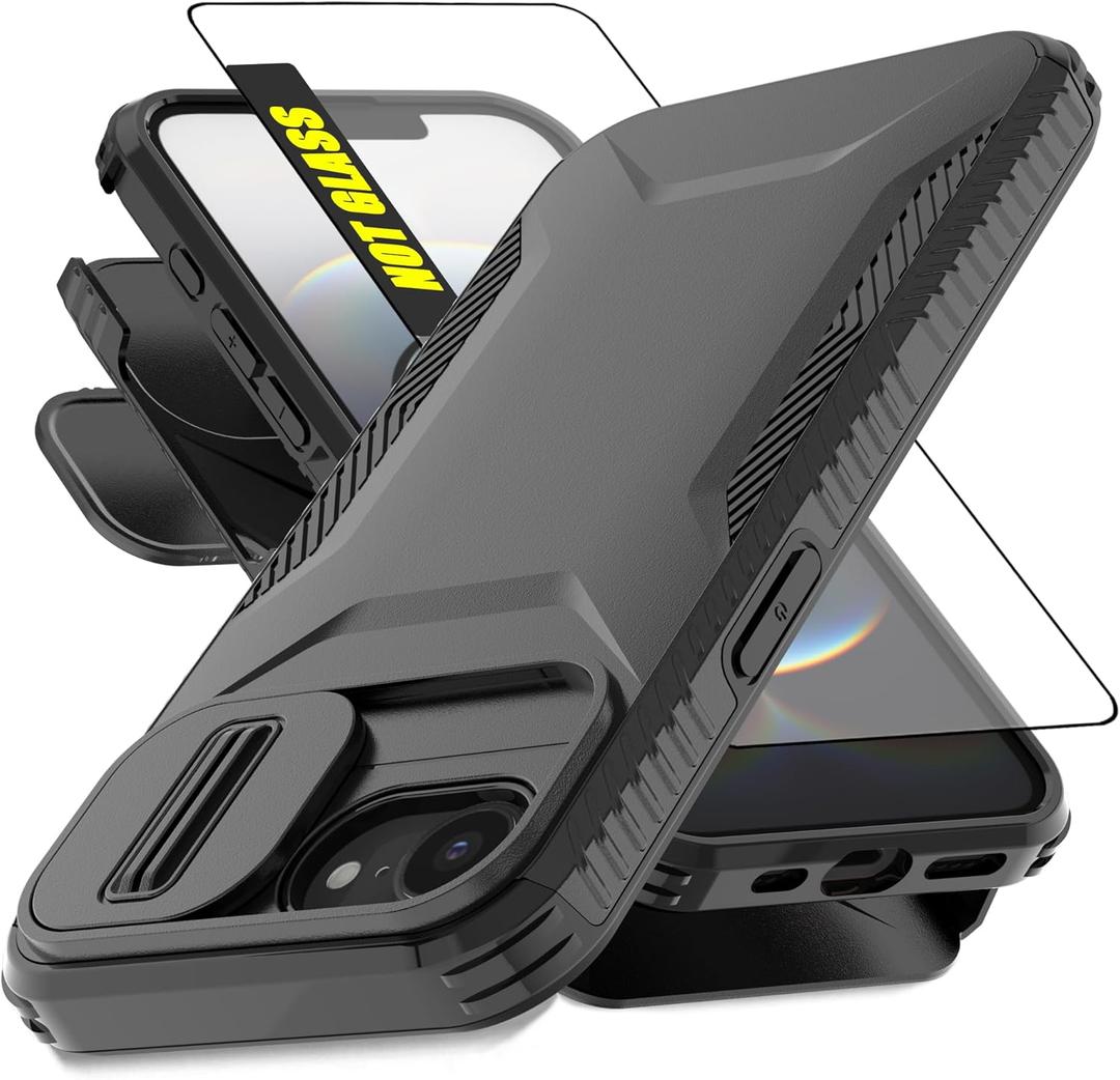 Designed for iPhone 16e Case | Built-in Slide Camera Cover & Screen Protector [2 in 1] Heavy Duty Rugged Shockproof Protective Cases for iPhone 16E 6.1''(Black)