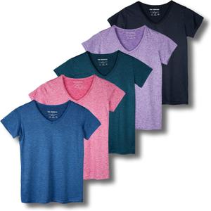 Real Essentials 5 Pack: Women's Short Sleeve V-Neck Activewear T-Shirt Dry-Fit Wicking Yoga Top, (2X)