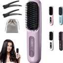 Cordless Hair Straightener Brush, Mini Ionic Straightener Brush, Portable 140℃-200℃, 3 Temperature Settings, with LED Display, Great for Travel and Daily Use (Purple)