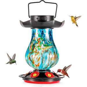 DesGully Solar Hummingbird Feeder for Outdoor - 25 fl.oz Hand Blown Glass Hummingbird Feeders for Outdoors Hanging, Large Capacity with Moat, 6 Colors Changing Light Outside Garden Decor (Blue)