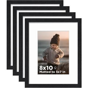 KINLINK 8x10 Picture Frame Black Wood Set of 4, Wooden Photo Frame Matted 5x7 with Plexiglass for 5x7 with Mat or 8x10 without Mat for Table and Wall Display