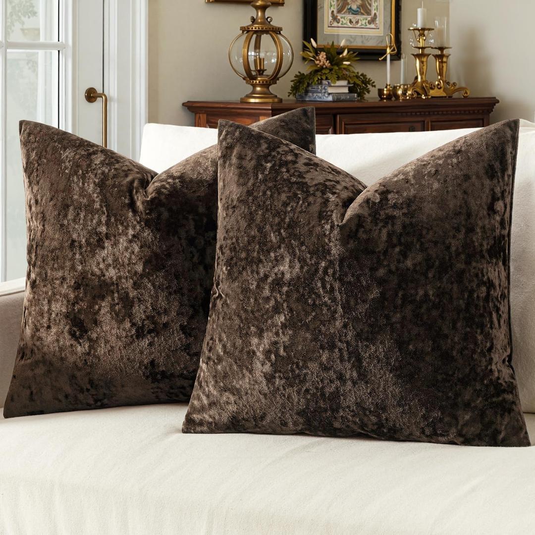 MIULEE Fall Velvet Throw Pillow Covers Dark Brown 18x18 inch Set of 2 | Soft Neutral Decorative Pillow Cases with Luxurious Textured Vintage Autumn Cushion Covers for Home Decor Couch Sofa Bed