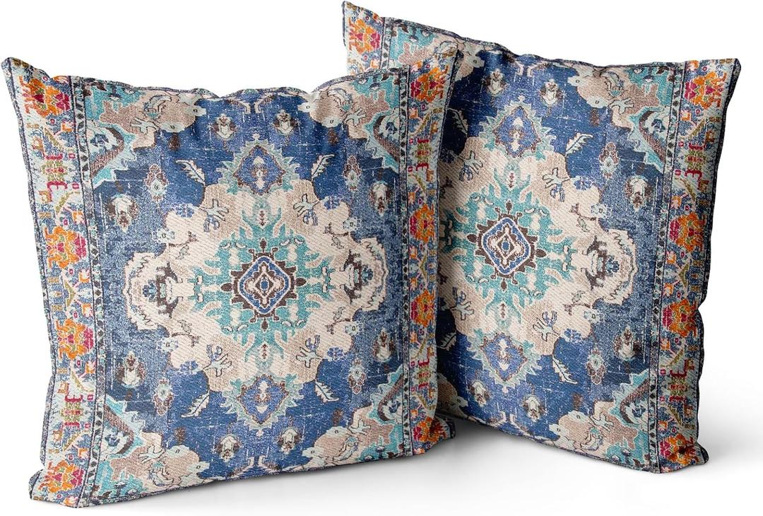 Snycler Boho-1 Throw Pillow Covers 18x18 inch Set of 2 Boho Rug Carpet Double Sided Pattern Cotton Soft Pillow Case Cushion Cover Pillowcase for Couch Sofa Bed Decorative (Blue)
