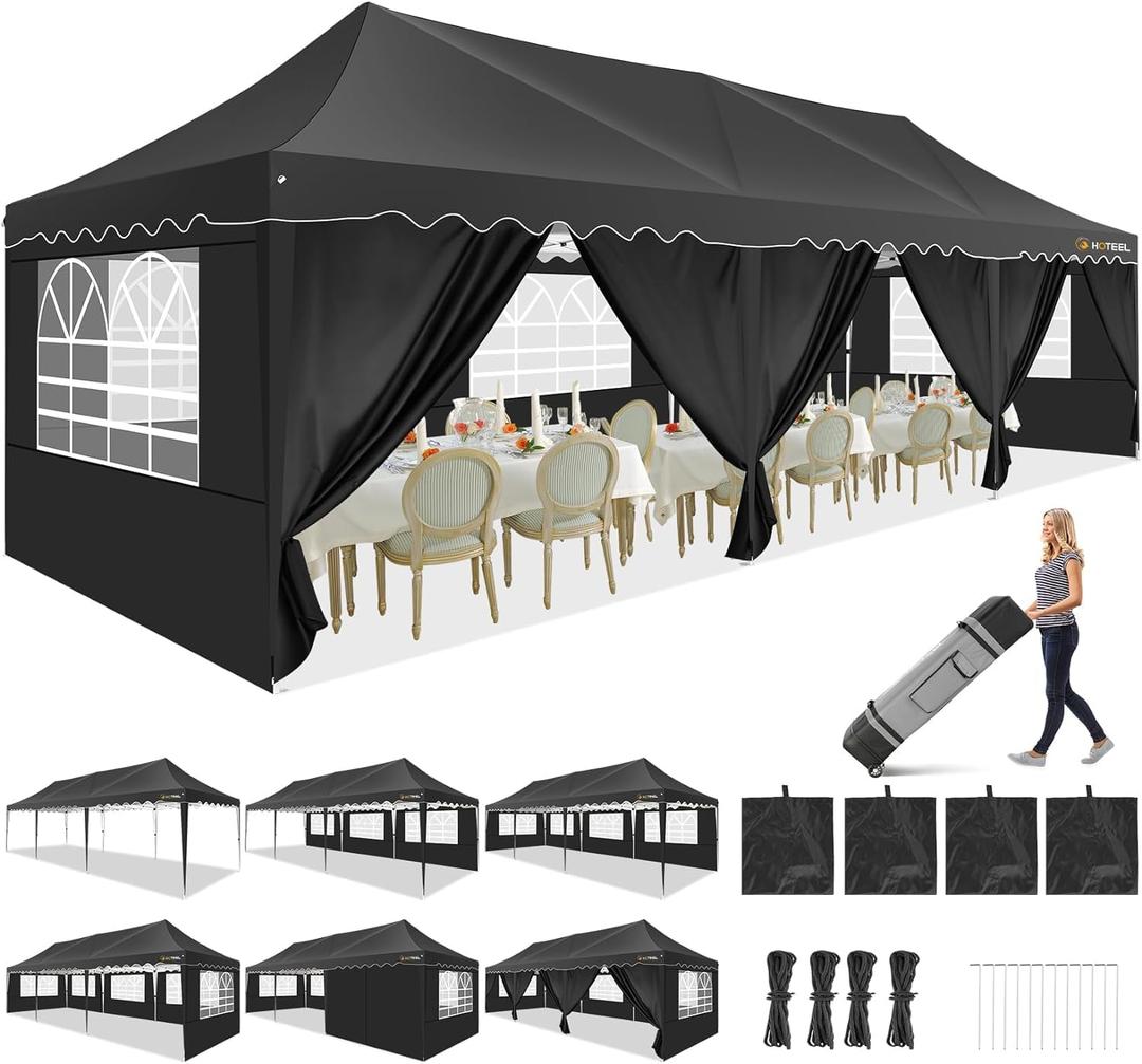 HOTEEL 10x30 Canopy Tent With Walls - Party Pop Up Event Gazebo, UPF 50+ Windproof Waterproof for Weddings & Parties - Includes Roller Bag & 4 Weight Bags, Black