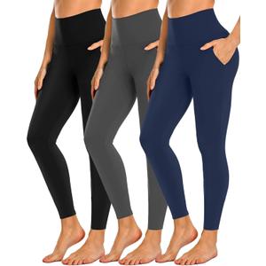 NEW YOUNG 3 Pack Leggings with Pockets for Women,High Waisted Tummy Control Workout Yoga Pants (Small-Medium, 3 Pack Black/Grey/Navy)