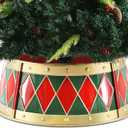 Metal Christmas Tree Collar, 26 in Round Christmas Tree Base Collar for Artificial Tree Decorations (Red Green Gold Drum Style)