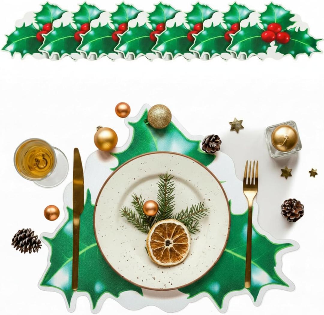 Remerry 6 Pcs Christmas Placemats Leather Triple Leaf Holly Berries Place Mats Washable Non-Slip Seasonal Winter Table Mats for Christmas Decoration Kitchen Dining Table Holiday Party