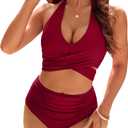 Blooming Jelly Womens Tummy Control Bathing Suits Modest High Waisted Bikini Sets Cute Halter 2 Piece Swim Suit 2025 (Medium, Wine Red)
