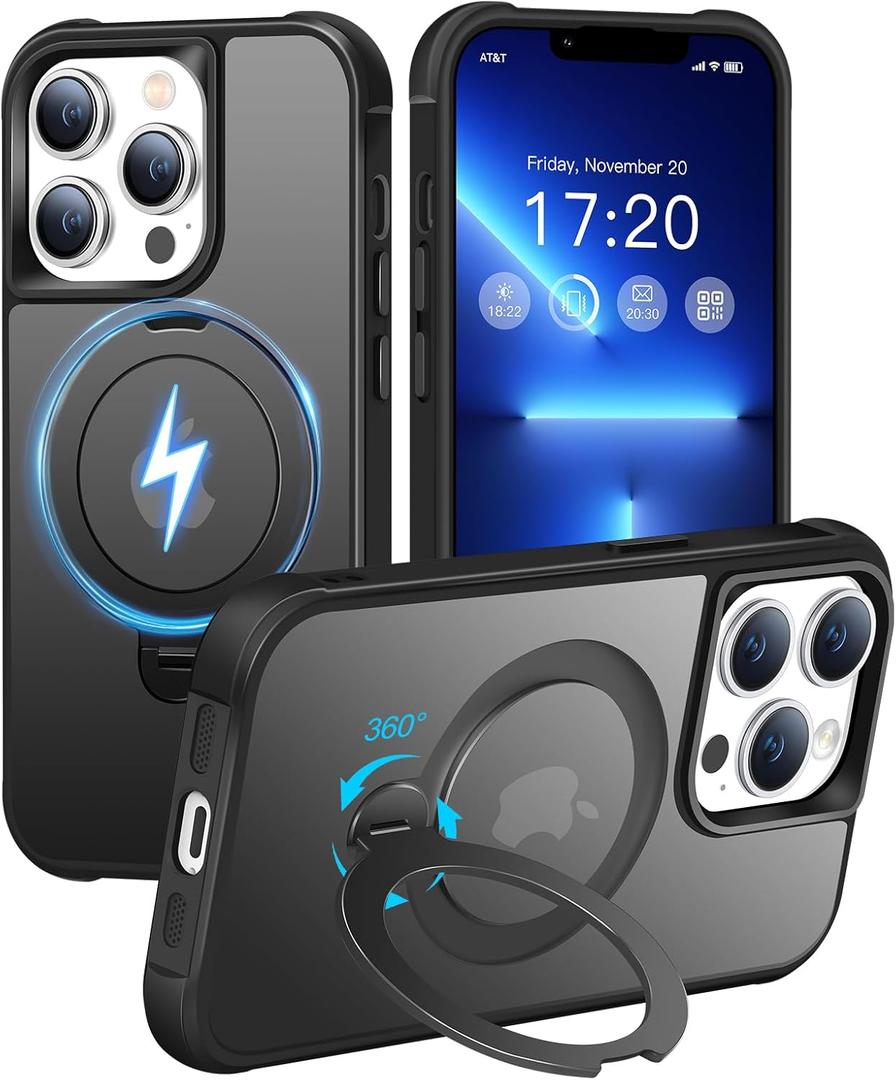 HuwaiH 360 Rotatable Magnetic Ring Stand for iPhone 13 pro Case, Compatible with MagSafe, Military-Grade Shockproof, Anti-Scratch Matte Translucent Phone Case for iPhone 13 pro (Black)