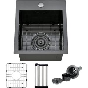 13 Black Bar Sink Drop in -VAWSS 13 x 15 inch,16 Gauge Stainless Steel Small Kitchen Sinks,Matte Nano Black Topmount Single Bowl Kitchen Outdoor Sink