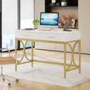 Tribesigns Modern Computer Desk with 2 Drawers, 41 Inches Study Writing Office Desk for Home Office, Bedroom, Makeup Vanity Table Desk with Gold Metal Frame, White & Gold