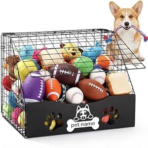 AceOrbit Dog Toy Basket with Cover Small Toy Box for Dogs Pet Toys Bin Dog Metal Basket for Toys Pet Storage Organizer, Cat Playthings Box for Living Room Area Home Decor(Black)