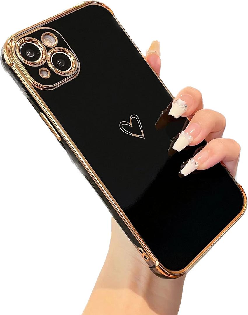 ZTOFERA Designed for iPhone 13 6.1 inch Case, Cute Plating Edge Love Hearts Pattern with Camera Lens Protection Phone Cover for Girls Women, Black