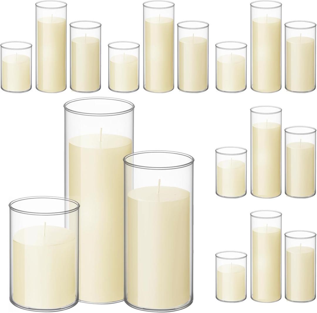 Shihanee 36 Pcs Pillar Candles and Glass Cylinder Vases Tall Cylinder Holders for Pillar Candles Wedding Centerpieces, Total 18 Sets(3.4'' X 4.7", 7", 9.8",Clear,Ivory White)