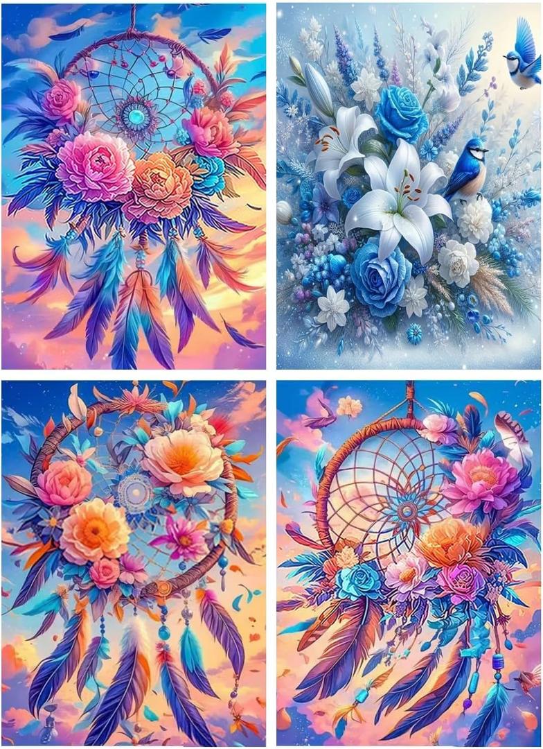 4 Pack Diamond Painting Kits for Adults ,Blue Birds Flower Diamond Art Kits for Beginners, DIY Full Drill Diamond Painting Floral Diamond dot Gem Art Beautiful picture Home Wall Decor 16 x 12 inches