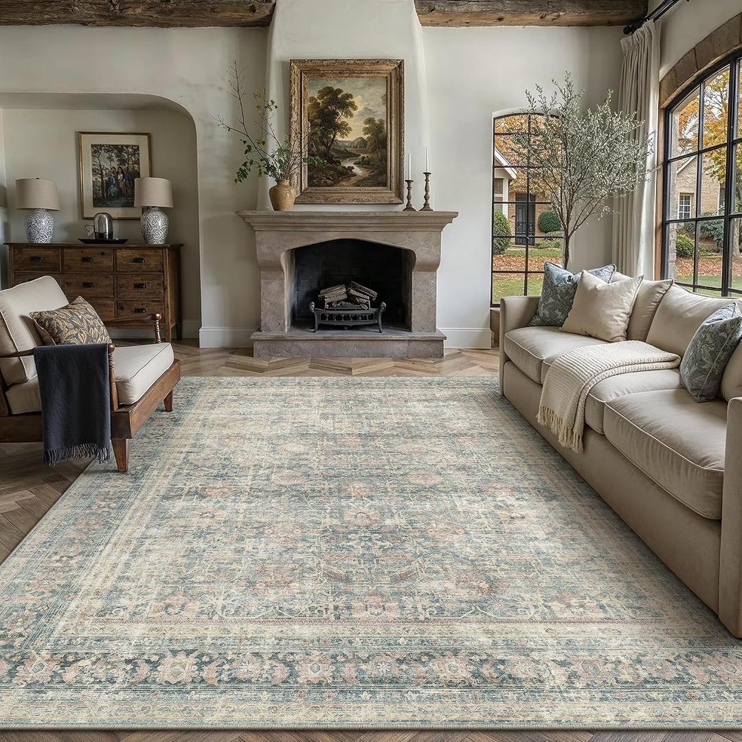 8x10 Area Rug Blue Washable Vintage Netural Living Room Carpet