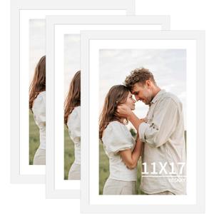 YESKAY 11x17 Picture Frame 3 Pack - White Poster Frame Display Pictures 9x15 with Mat or 11 x 17 Without Mat for Wall Hanging Horizontal and Vertical