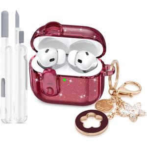 Case for Apple Airpods iPods Pro 3 Cases Cover Clear 2025 Cute Women, VISOOM Cute Air Pods Pro 3 Case Clear Transparent Airpods iPods Pro 3rd Gen Protective Cases with Keychain/Lock/Cleaning Kit (Bling Durgundy)
