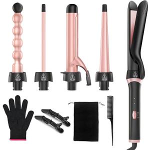 5 in 1 Curling Iron Set,Multi Curling Wand with Flat Iron Hair Straightener and 4 Interchangeable Ceramic Curling Barrels,Gifts for Women, Dual Voltage Hair Curler