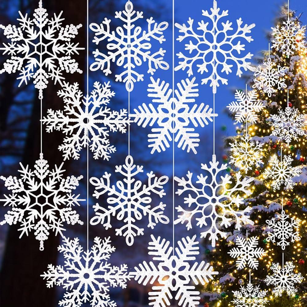 gisgfim 10 Pieces Large 12'' Sparkling Snowflakes Christmas Glitter Decorations 5 Styles Outdoor Hanging Ornaments Xmas Holiday Porch & Tree Decor Plastic Snowflakes