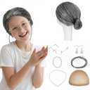 S-noilite 7PCS Old Lady Wig Set,Gray Bun Realistic Style Grandma Costume Wig for 100 Days of School Cosplay Halloween Party(Granny Wig/Cap/Glasses/Glasses Chain/Necklace/Bracelet/Earrings)