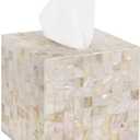 PEMAR 5.9 Cube Mother of Pearl Tissue Box Cover, Decorative Napkin Dispenser Organizer, Rustic Farmhouse Vintage Decor for Table, Kitchen, Bathroom Vanity Countertop, Office , White Sand 