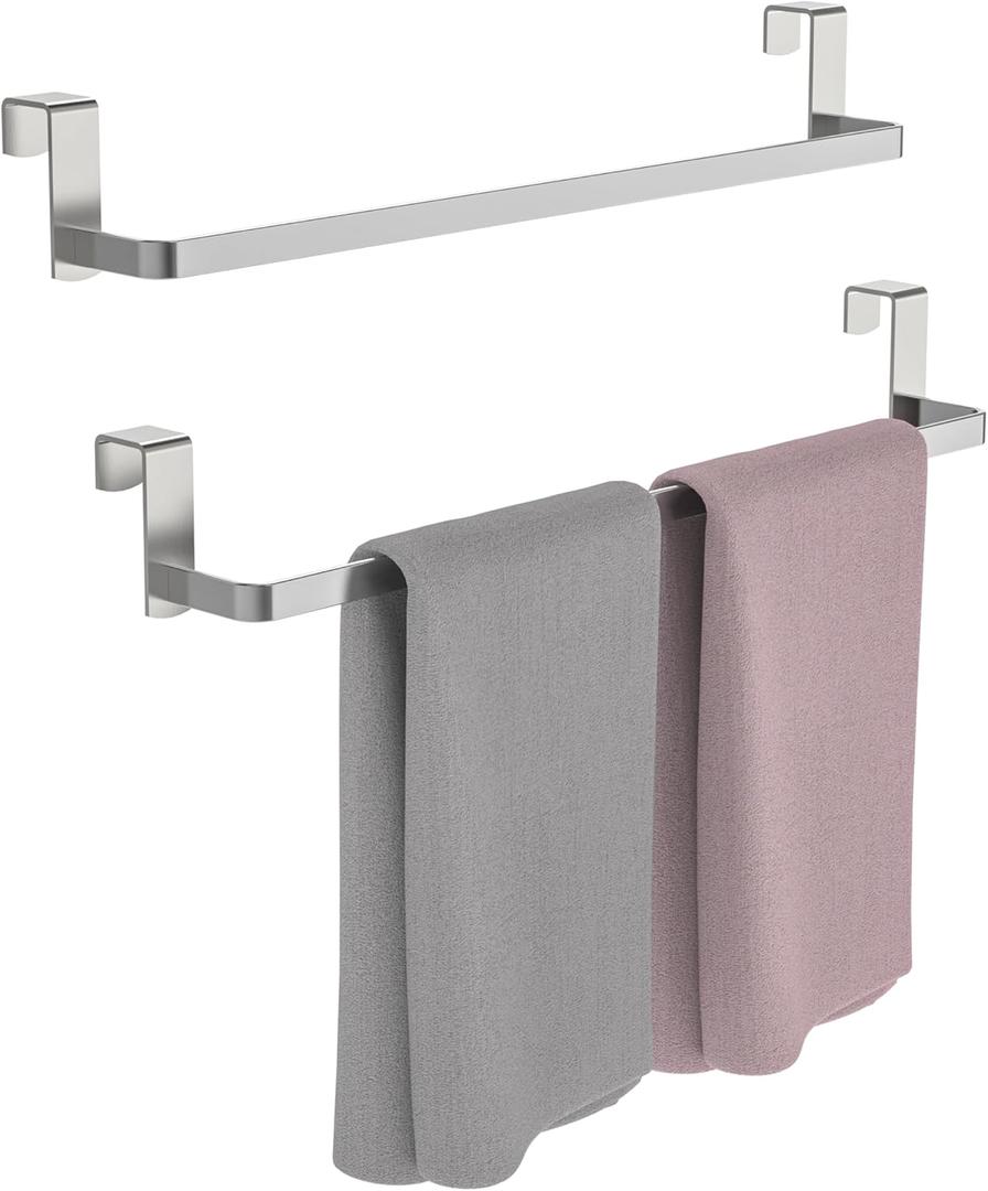 Over Cabinet Towel Rack, 2 Pack 14 Inch Over The Door Towel Bar Towel Hanger for Kitchen, Stainless Steel Over Cabinet Cupboard Kitchen Towel Holder, Foam Protective Mats (Silver)