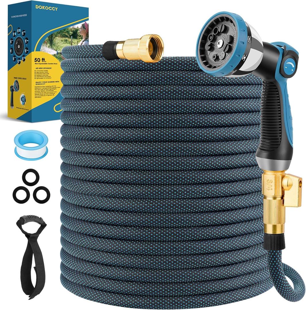 DOKOCCY Non-Expanding Garden Hose 50 ft, Flexible Water Hose with 10 Function Spray Nozzle, Lightweight Hose Pipe, Leak-Proof, Durable, Kink-Resistant, 3/4 Inch Connector, Portable Storage Strap