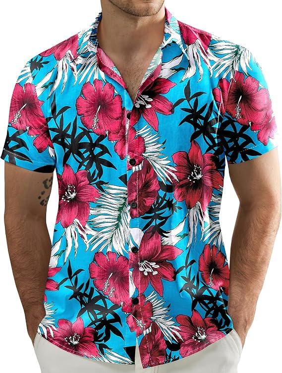 JOGAL Men's Flower Casual Button Down Short Sleeve Hawaiian Shirt S