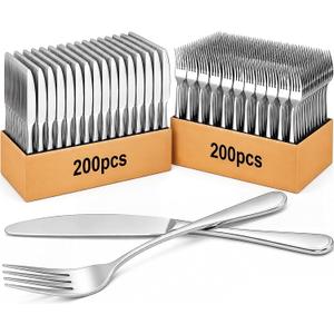 Nuenen 400 Pcs Forks and Knives Stainless Steel Silverware Set 200 Dinner Forks and 200 Knives Flatware Tableware Cutlery Set for Home Restaurant, Mirror Polished, Dishwasher Safe(Silver, Simple)