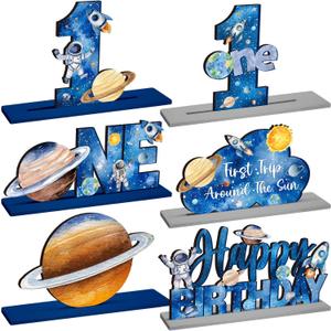 6 Pcs First Trip Around The Sun 1st Birthday Party Decorations Wooden Table Centerpiece Outer Space Solar System Theme Table Decoration Kids Theme Party Supplies