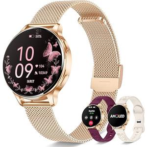 Smart Watches for Women, 1.27″ AMOLED Fitness Tracker with Heart Rate SpO2 Sleep Monitor, 3 Bands, 120+ Sport Modes, Call & Notifications, Smartwatch for Android & iPhone Compatible, 40 mm Rose Gold