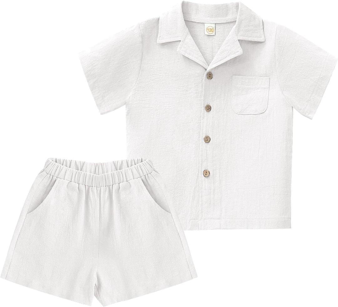 XMWEALTHY Toddler Baby Boy Summer Clothes Color Block Short Sleeve Button-down Shirt Tops + Cotton Pants Outfit Set (2-3T, White)