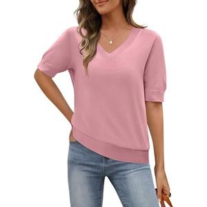 MEROKEETY Women's Short Sleeve Sweater Summer Business Casual Tops V Neck Lightweight Knit Work Shirts XL