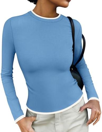 ZESICA Women's Long Sleeve Crewneck Shirts Spring Knit Slim Fitted Casual Basic Tee Sweater Tops M