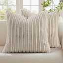 decorUhome Summer Cozy Faux Fur Throw Pillow Covers 22x22 Set of 2 Decorative Plush Striped Modern Farmhouse Boho Couch Euro Sham Pillow Cases with Velvet Back for Sofa Bed Living Roomr, Beige White