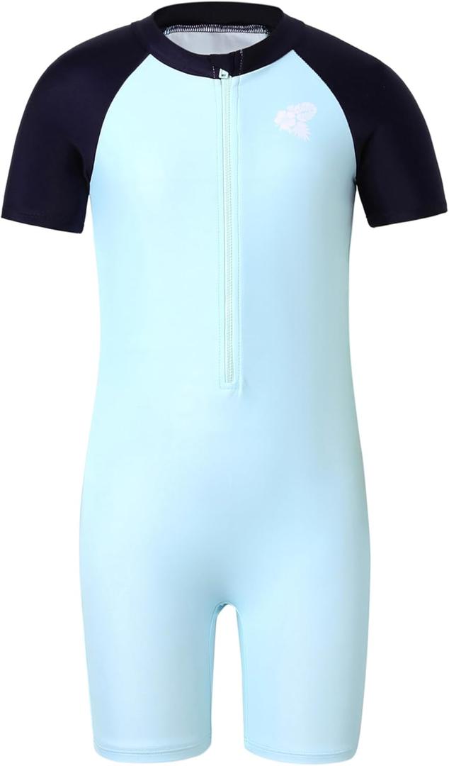 PATPAT Girls Swimsuit Short Sleeve Rashguard One Piece Swimwear Zipper Bathing Suit (Age 2-14) (Icy Blue) Kids 2yrs.