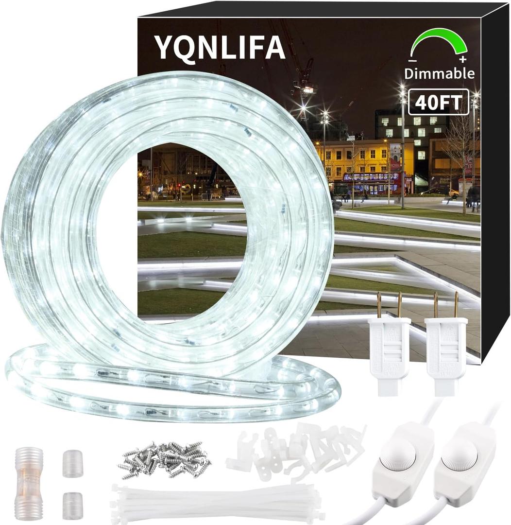 40ft LED Rope Lights, Dimmable 432 LEDs IP65 Waterproof Outdoor Indoor Linkable Cuttable Rope Light, 110V 6000K Daylight White Christmas Rope Light for Patio Garden Corridor Party Decor