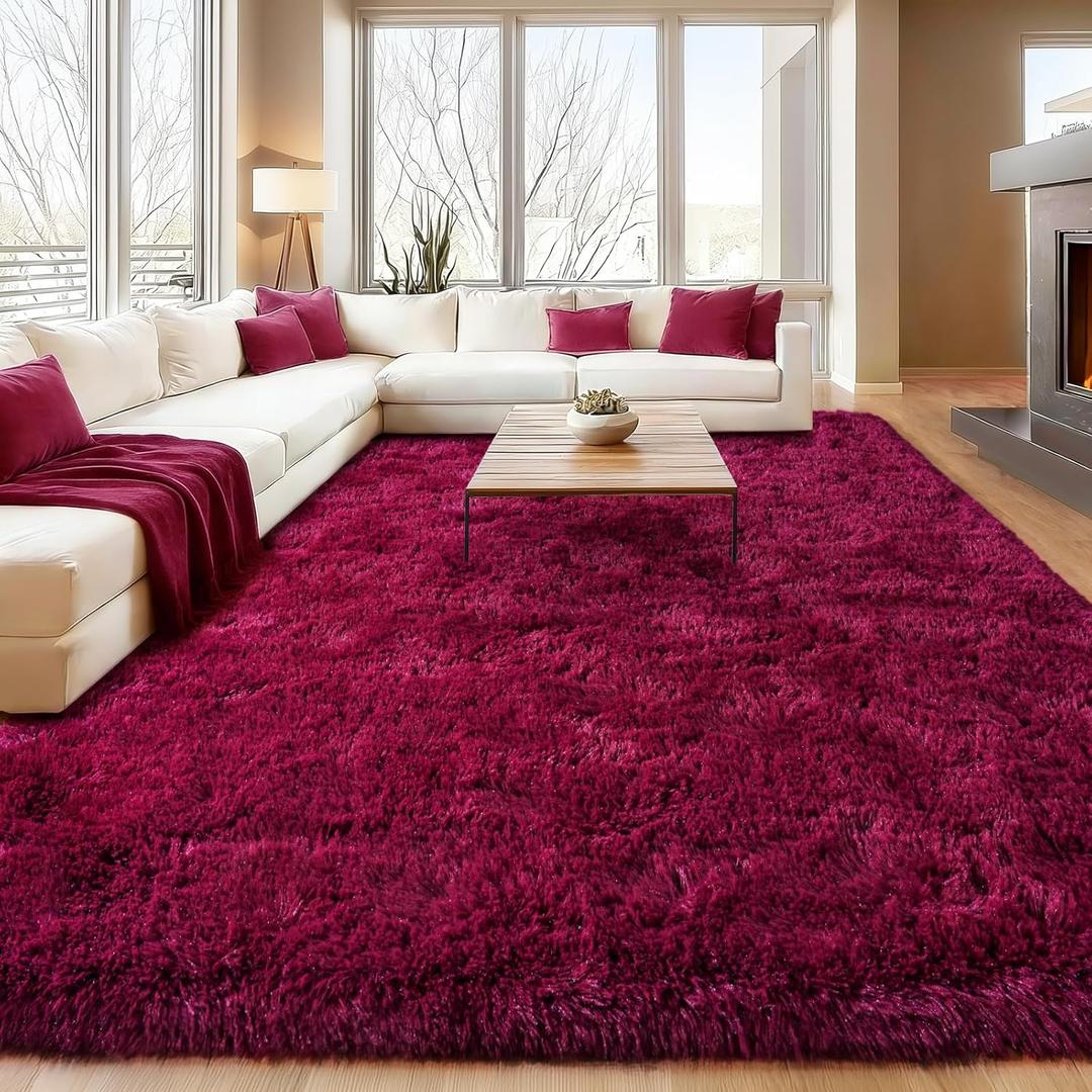 Burgundy Plush Rug for Living Room Fuzzy Carpet for Bedroom Dorm, Non-Slip High Pile Rug, Shag Rug for Playroom Nursery Home Office Decor 6X9 Ft