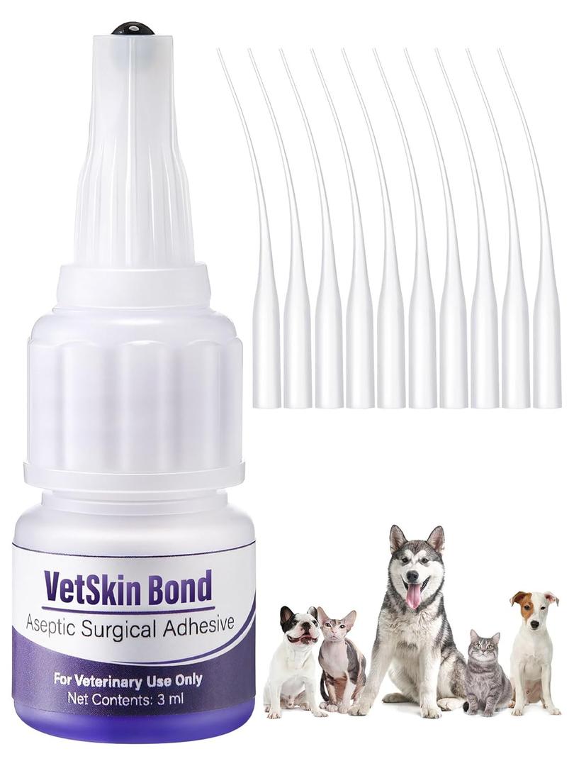 1 Pack 3ml Veterinary Surgical Skin Glue with 10 Precise Applicators, Strong Surgical Adhesive, Blue-Tinted Animal Tissue Wound Glue, Fast Bleeding Control and Waterproof Wound Sealant for Pets