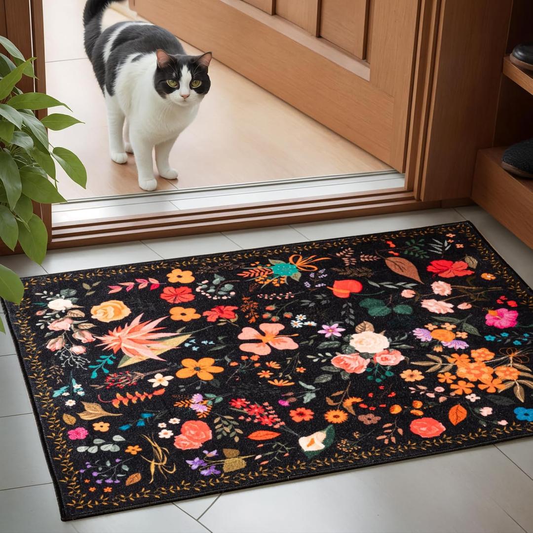 Boho Floral Entryway Rug 2x3, Washable Small Mat for Bathroom and Kitchen, Non Slip Front Door Mat Indoor Entrance, Vintage Style Flower Mat with Rubber Backing, Soft Area Rug for Entry Way (Black)