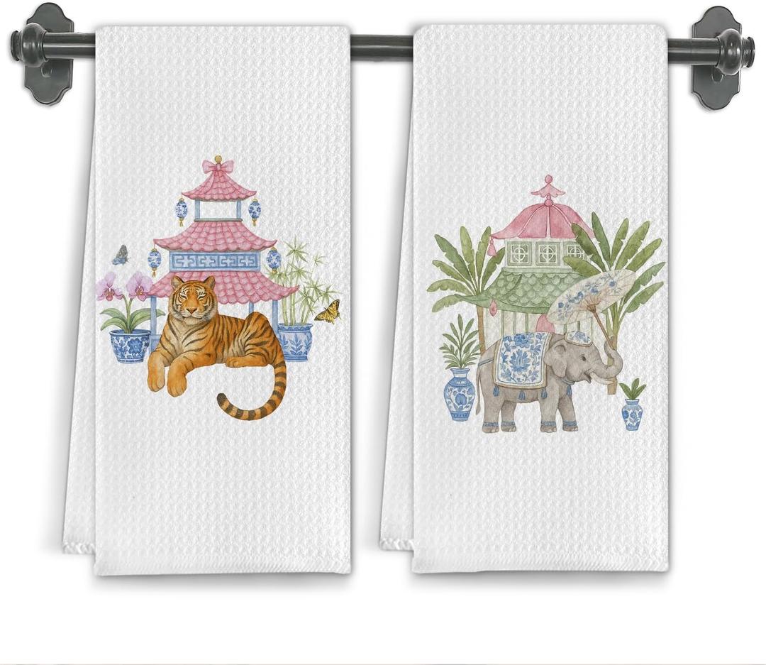 Chinoiserie Tiger Elephant Kitchen Towels, Traditional Oriental Dish Tea Towels for Kitchen Decor, Eastern Asian Pagoda Animal Decorative Hand Towel for Bathroom, 16x24 Inch Set of 2