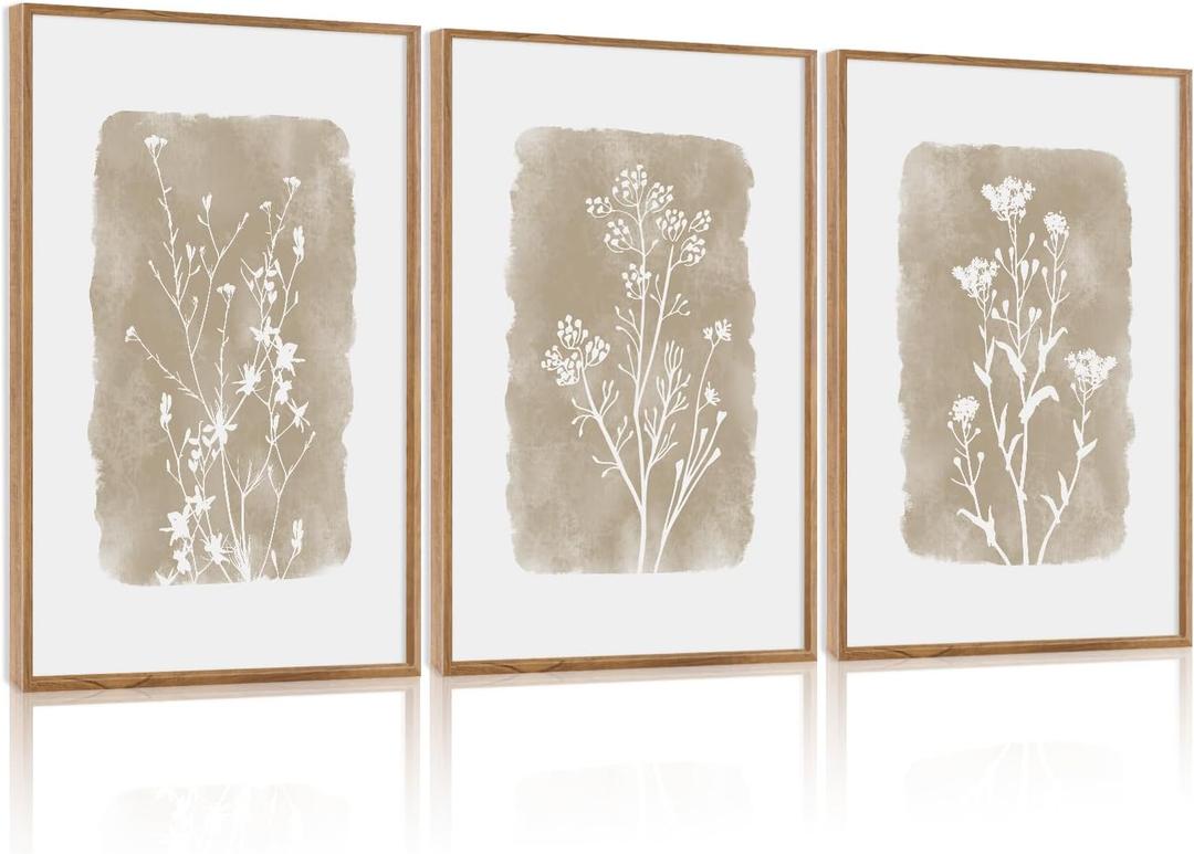 CHDITB Vintage Floral Framed Canvas Wall Art Set Of 3, Minimalist Wall Decor, Nature Inspired Wildflower Wall Painting, Neutral Botanical Flower Art Prints For Dining Room Bedroom Decor(12X16 Inch)