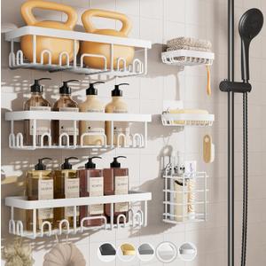 Veken 6-Pack Rustproof Waterproof Shower Caddy, Adhesive Shelves Rack with Soap Holder, Large Bathroom & Washroom Organizer, No Drilling Wall-Mounted Kitchen & Home Decor, Ideal for Bathtub Storage (6-Piece Set)