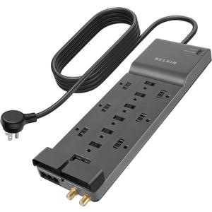 Belkin Power Strip Surge Protector with 12 AC Multiple Outlets, 10 ft Long Flat Plug Heavy Duty Extension Cord for Home, Office, Travel, Computer Desktop, Laptop & Phone Charging Bricks (4,156 Joules)