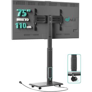 WALI Rolling TV Stand with Power Outlet & AV Shelf, Mobile Tall TV Stand Mount on Wheels for 32-75 inch TV up to 110 lbs, Swivel Height Adjustable TV Cart with Wood Base for Bedroom(TVDVD-6PR), Black