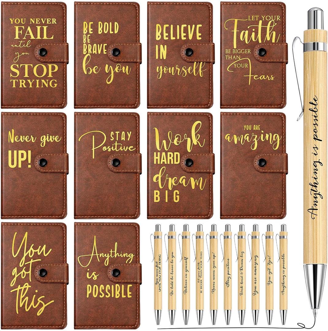 Dispowreath 10 Sets Employee Appreciation Gifts Bulk Inspirational Leather Journal Notebooks with Bamboo Pens Thank You Gifts for Teacher Nurse Coworker Team Staff Social Worker (Brown)